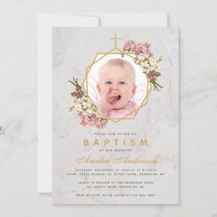 Taufe Girl Foto Floral Gold Rosa Orchideen Marmor Einladung