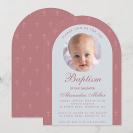 Taufe Girl Foto Modernes Arch Dusty Rose Script Einladung