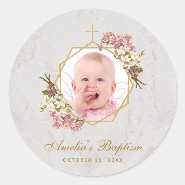 Taufe Girl Foto Rosa Orchideen Marbella Runder Aufkleber (Vorderseite)