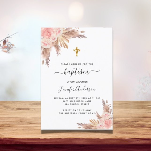 Taufe Girl Pampas Gras Rose Goldene Rosa Einladung (Von Creator hochgeladen)