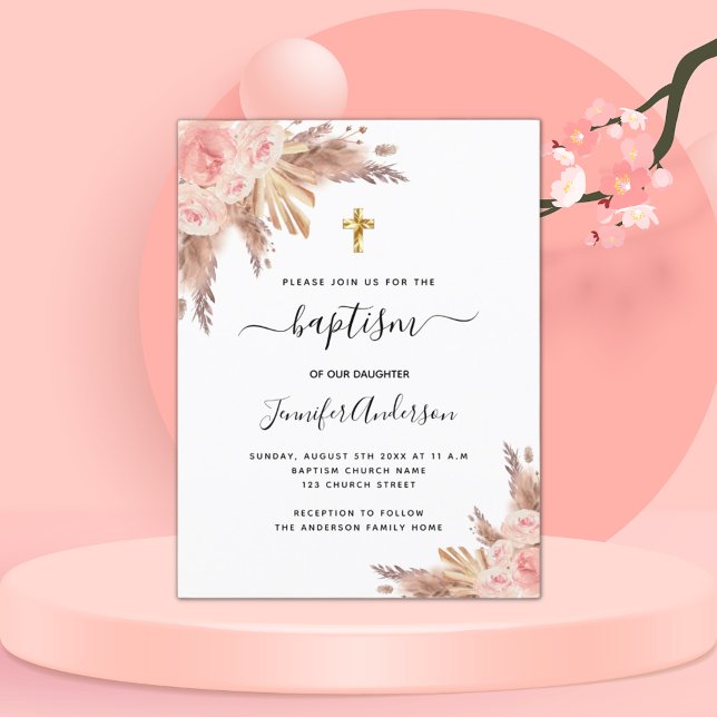 Taufe Girl Pampas Gras Rose Goldene Rosa Einladungspostkarte (Von Creator hochgeladen)