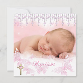 Taufe Girl Pink Silver Butterfly Cross Einladung