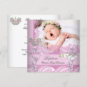 Taufe Girl Pink Weißes Foto Christening Einladung