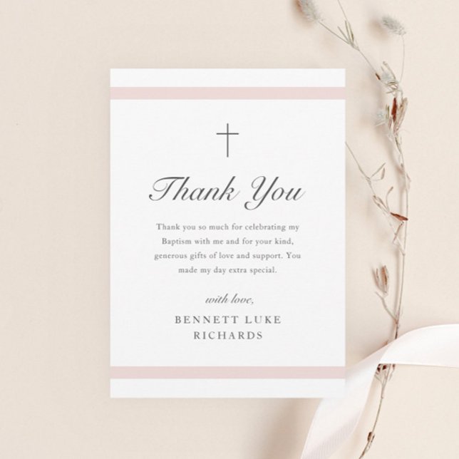 Taufe Girls Moderne Elegance Dankeskarte (Modern girls baptism thank you card with pink bars and elegant script typography with minimal cross.)