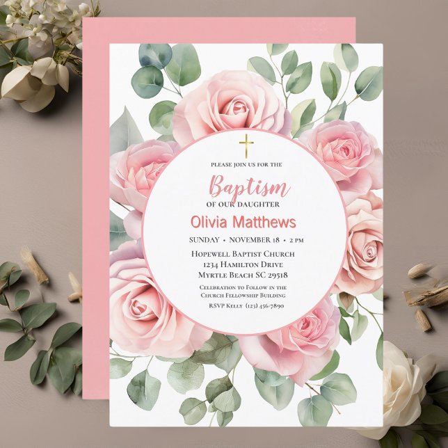 Taufe Gold Cross Roses Girls Einladung (Von Creator hochgeladen)