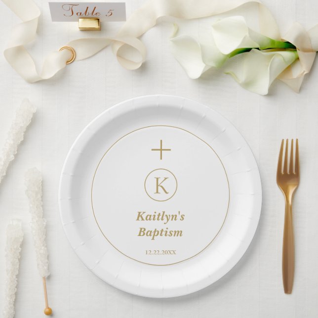 Taufe Gold White Monogram Initials Elegant Cool Pappteller (Hochzeit)