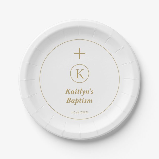 Taufe Gold White Monogram Initials Elegant Niedlic Pappteller (Vorderseite)