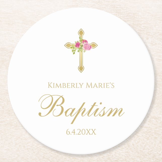 Taufe-Goldkreuz-Rosa-Rosen-mit Blumenmit Monogramm Runder Pappuntersetzer (Vorderseite)