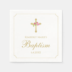 Taufe-Goldkreuz-Rosa-Rosen-mit Blumenmit Monogramm Serviette