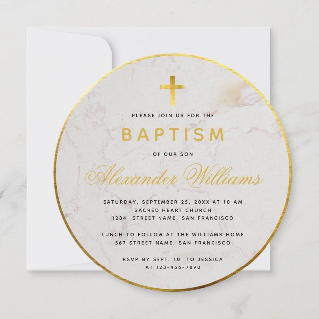 Taufe Imitate Goldfussmarble Kalligraphie Runde Einladung (Vorderseite)
