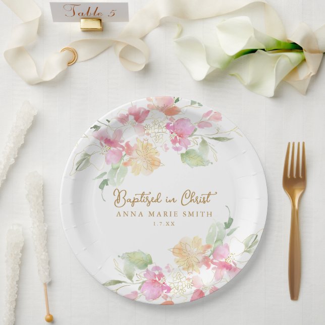 Taufe in Christ Pink Floral Custom Taptisse Pappteller (Hochzeit)