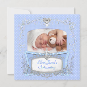 Taufe Jungen Christening Taufkleid Blau Punkte Ankündigung