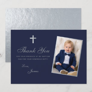 Taufe Jungen Foto Faux Silber Marineblau Schriftzu Dankeskarte