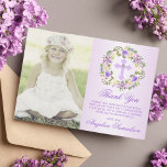 Taufe Kommune Bestätigung Mädchen Lila FOTO Dankeskarte<br><div class="desc">Delikate Blumenkranz Taufe, Weihnachten, Erste Heilige Kommunion oder Bestätigung danken Ihnen Karten für Mädchen. Pastellavender lila violett mit ombre Hintergrund. Grüne, blumengeschmückte Blätter mit Lavendel, dunkle lila und lila Blume und Kreuz mit Imitaten Diamant in der Mitte. Erschwinglich, aber nicht billig aussehen! Ideal für die Zeremonie deiner Tochter. Diese Vorlagenkarten...</div>