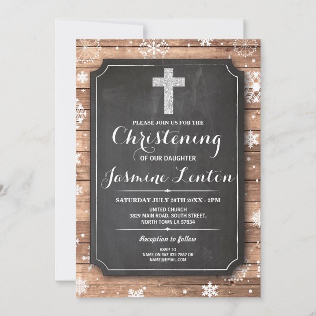 Taufe Kreuz Christening Wohn Weihnachtsschnee Einladung (Vorderseite)