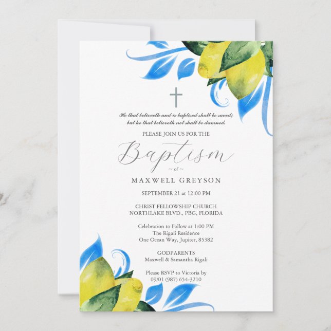 Taufe Lemon Foliage Religious Italian Blue Einladung (Vorderseite)