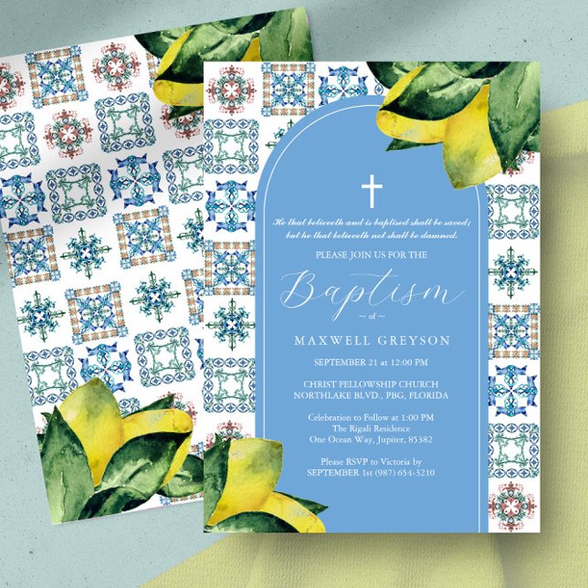 Taufe Lemon Religious Italian Blue Tile Einladung (Baptism invitation Italian blue Amalfi tile and yellow lemons art by Victoria Grigaliunas)