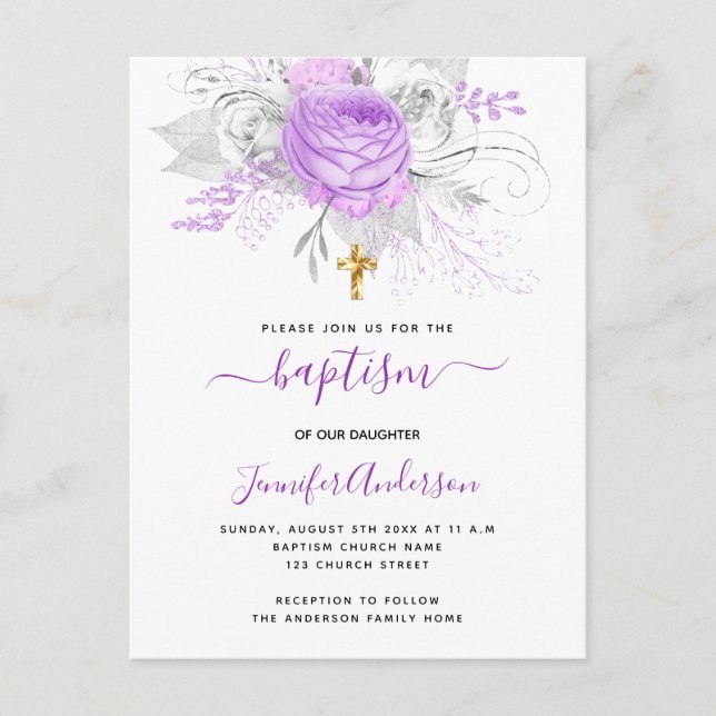Taufe lila Blumen Mädchen elegant weiß Einladungspostkarte (Vorderseite)