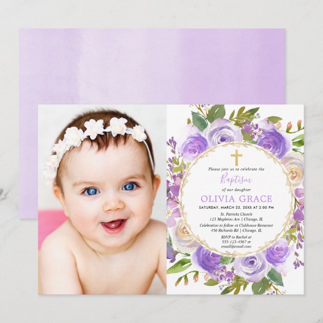 Taufe Mädchen Blumenblume lila Lavendel-Foto Einladung (Vorne/Hinten)