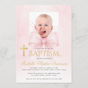 Taufe Mädchen Foto Rosa Schleife Faux Gold Kreuz S Einladung