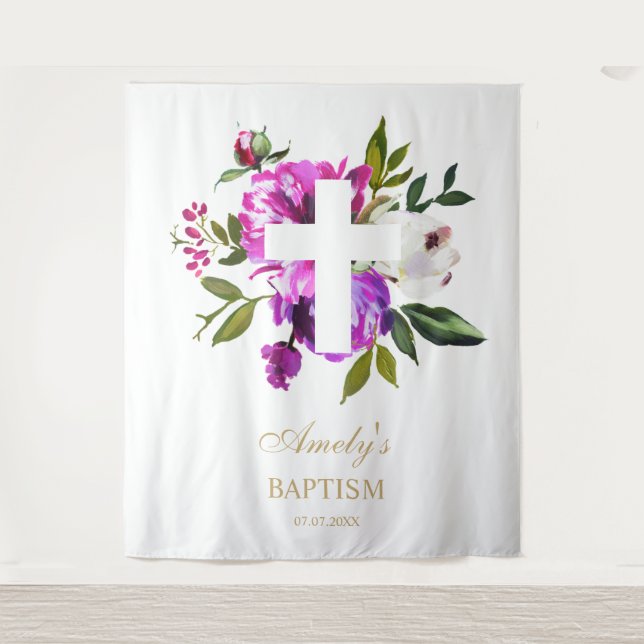 Taufe Mädchen Hintergrund - violette Blumen kreuz Wandteppich (Vorderseite)