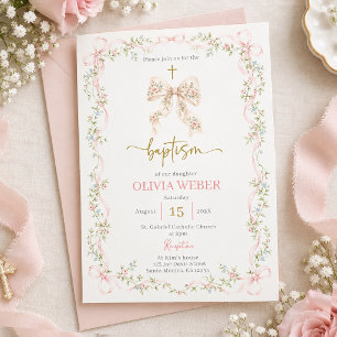 Taufe Mädchen mit rosa Schleife Einladung