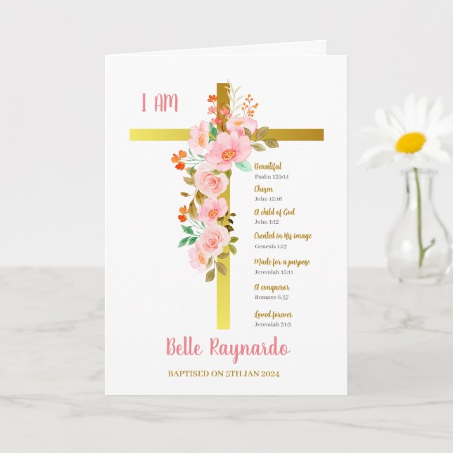 Taufe Mädchen Rosa und Rote Blume auf Crucifix Karte (Kleine Pflanze)