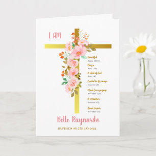 Taufe Mädchen Rosa und Rote Blume auf Crucifix Karte