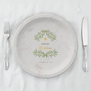 Taufe Marble Foliage Grüne Imitate Gold Script Pappteller