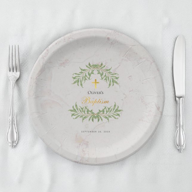Taufe Marble Foliage Grüne Imitate Gold Script Pappteller (Von Creator hochgeladen)