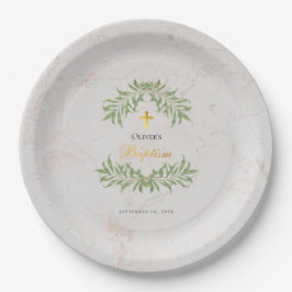 Taufe Marble Foliage Grüne Imitate Gold Script Pappteller