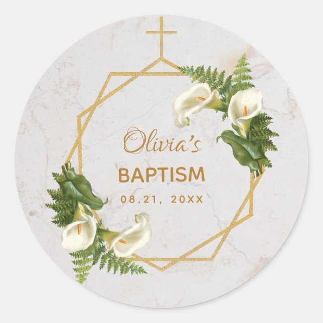 Taufe Marble Gold Calla Lilies Floral Geometric Runder Aufkleber (Vorderseite)