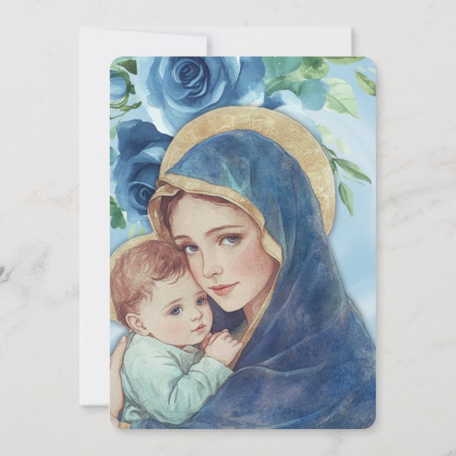 Taufe Mary Jesus Blue Blumengebirge Kleeblätter Einladung (Rückseite)