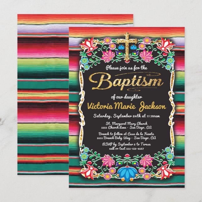 Taufe Mexican Fiesta Party Gold Glitzer Cross Einladung (Vorne/Hinten)