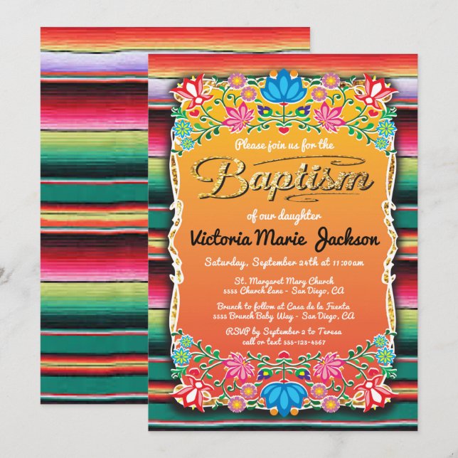 Taufe Mexican Fiesta Party Gold Glitzer Einladung (Vorne/Hinten)