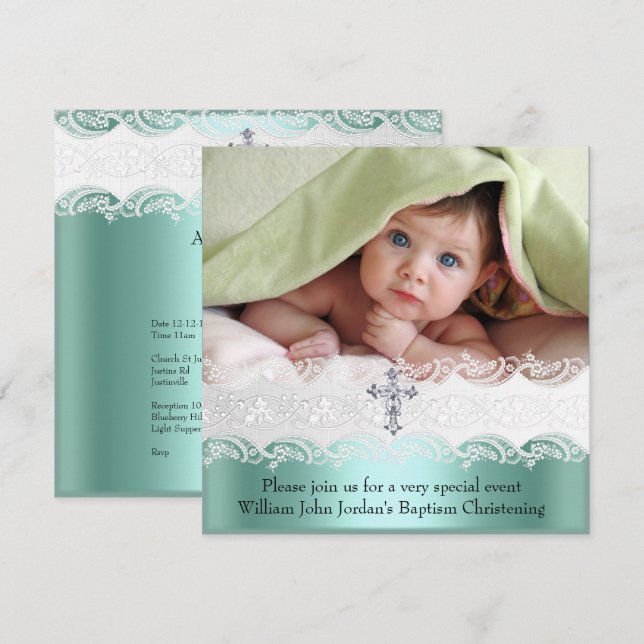 Taufe Mint Green Lace Foto Jewel Cross Boy Einladung (Vorne/Hinten)