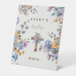 Taufe moderne blaue Aquarell kreuzen elegant Sockelschild