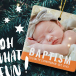 Taufe Modernes, benutzerfreundliches Baby-Foto Keramikornament<br><div class="desc">Dieses einfache und moderne Design besteht aus serifenloser Typografie. Fügen Sie Ihrem Baby ein individuelles Foto hinzu. Ändern Sie die Blockfarbe auf alles,  was Sie gewollt haben.</div>