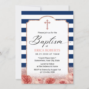 Taufe Nautical Navy Streifen Rose Gold Floral Einladung