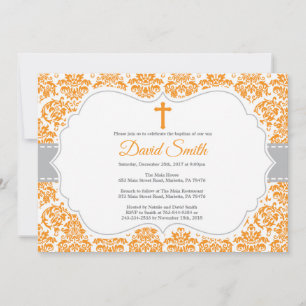 Taufe Orange und Grau Damask Einladung