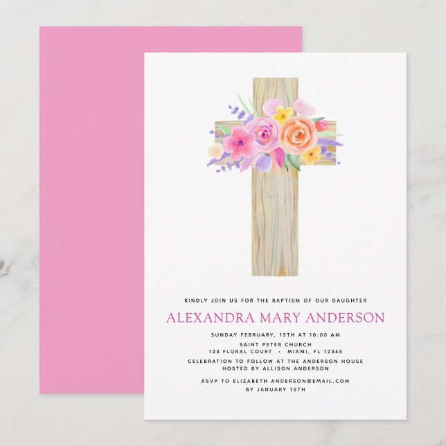 Taufe Pastel Floral Rosa Rose Kreuz Einladung (Vorne/Hinten)