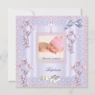 Taufe Pink Cross Girl Foto Lavendel Lech 2 Einladung