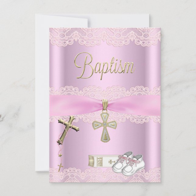 Taufe Pink Cross Girl Lace Christening Einladung (Vorderseite)