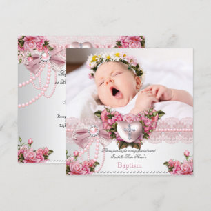 Taufe Pink Silber Foto Herz Kreuz Mädchen Rose 4 Einladung