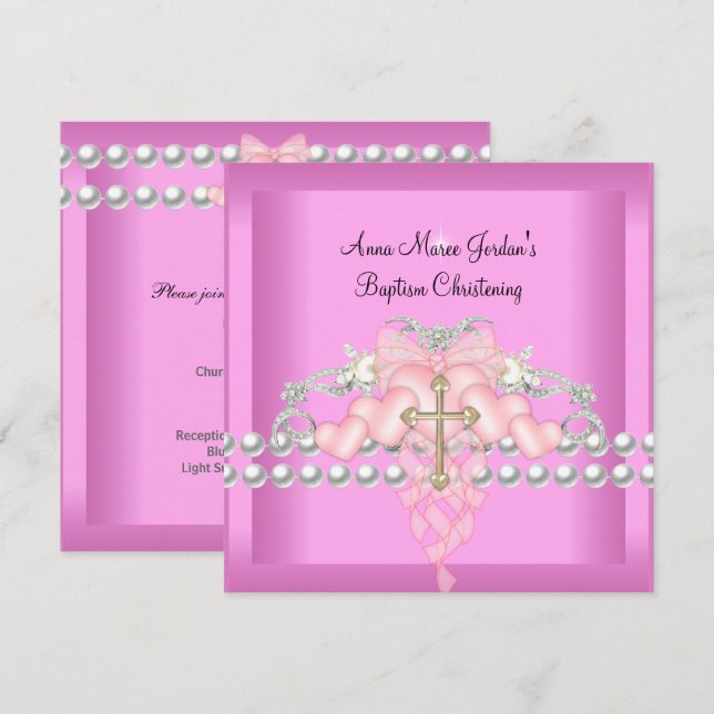 Taufe Pink Tiara Silver White Pearl Diamond Einladung (Vorne/Hinten)