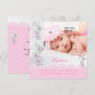 Taufe Pink White Lace Foto Butterfly Cross Girl Einladung