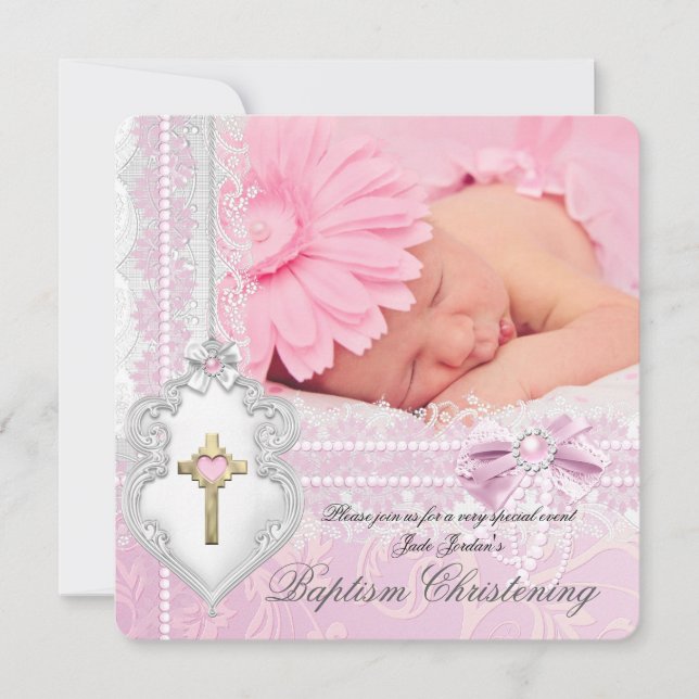 Taufe Pink White Lace Foto Pearl Cross Girl Einladung (Vorderseite)