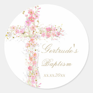 Taufe pinkfarbene Blume kreuzen kleine Mädchen Runder Aufkleber
