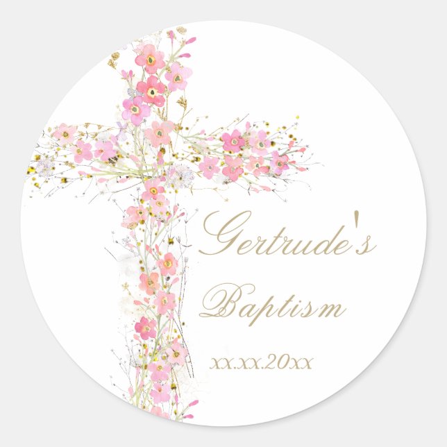 Taufe pinkfarbene Blume kreuzen kleine Mädchen Runder Aufkleber (Vorderseite)