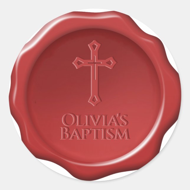 Taufe Red Wax Siegel Cross & Name Elegant Aufklebe Runder Aufkleber (Vorderseite)